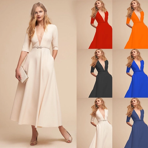 Elegant Deep V-Neck Midi Dress For Women Half Sleeve Solid Color A-Line Cocktail Evening Gown Without Belt