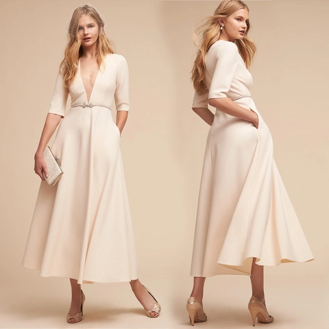Elegant Deep V-Neck Midi Dress For Women Half Sleeve Solid Color A-Line Cocktail Evening Gown Without Belt