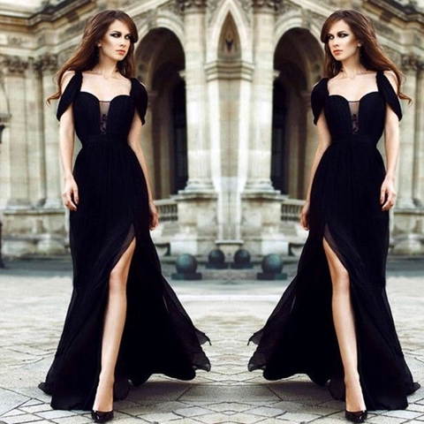Damen Schwarz Chiffon Abendkleid Elegant V-Ausschnitt Schulterfrei Mesh Patchwork Hoher Schlitz Slim Fit Formelle Maxi Partykleid
