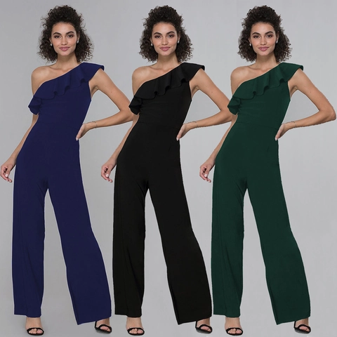 Women's One Shoulder Ruffle Jumpsuit Elegant High Waist Wide Leg Long Pant Jumpsuit For Wedding Evening Party Solid Color Romper