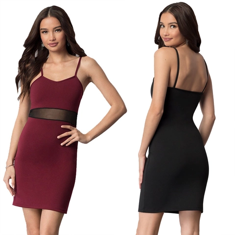 Robe Bodycon à Bretelles Spaghetti pour Femmes Patchwork de Maille Sexy Col en V Sans Manches Robe Mini Transparente Fête