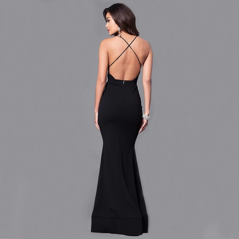 Women Sexy Deep V Neck Backless Maxi Dress Elegant Spaghetti Strap Mermaid Evening Gown Bodycon Party Clubwear Dress