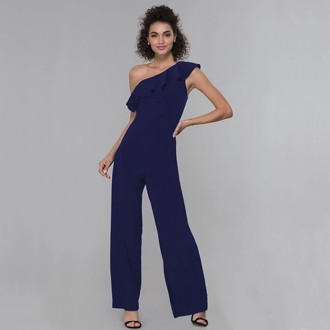 Women's One Shoulder Ruffle Jumpsuit Elegant High Waist Wide Leg Long Pant Jumpsuit For Wedding Evening Party Solid Color Romper