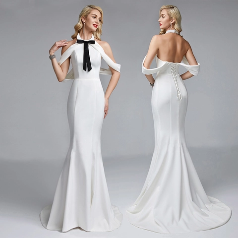 Elegante Abito da Sera a Sirena Bianco Allacciato al Collo Con Fiocco Nero Corsetto sulla Schiena Abito Lungo Formale per Donne