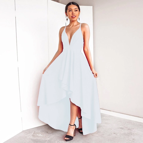 Women Sexy Backless High Low Evening Dress Deep V-Neck Spaghetti Strap Ruched Waist Asymmetrical Hem Elegant Party Cocktail Long Maxi Dress