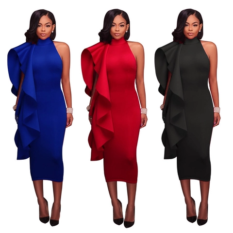 Damen Sexy Rüschen Figurbetontes Midi Kleid Elegant Stehkragen Asymmetrisch Ärmellos Abendgesellschaft Bankett Slim Fit Formelles Kleid