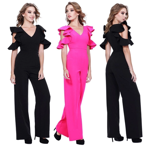 Elegant Women Sexy Deep V-Neck Cold Shoulder Ruffle Sleeve Wide Leg Jumpsuit Solid Color Party Evening One-Piece Romper
