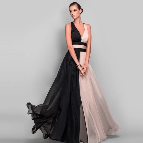 Elegante Vestido Largo Sin Mangas Con Cuello En V Bloque De Color Espalda Al Aire Chifón Retazos Vestido De Noche Formal Banquete Fiesta Para Mujer
