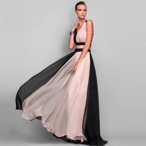 Elegante Vestido Largo Sin Mangas Con Cuello En V Bloque De Color Espalda Al Aire Chifón Retazos Vestido De Noche Formal Banquete Fiesta Para Mujer