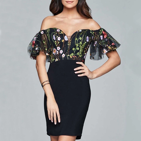 Abito da Donna Elegante con Ricamo Floreale in Mesh Senza Spalle Bodycon Abito Midi per Matrimonio Banchetto Festa Sera