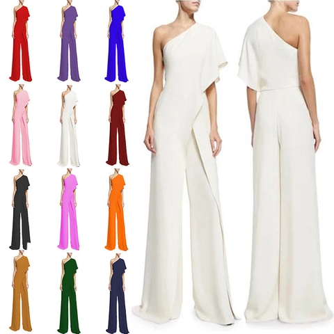 Women Elegant Single Shoulder Ruffle Wide Leg Jumpsuit Solid Color High Waist Sleeveless Evening Party Romper Long Overalls