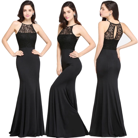 Elegante Zwarte Halterhals Kant Patchwork Zeemeermin Avondjurk Slim Fit Maxi Jurk Voor Vrouwen Bruiloft Feest