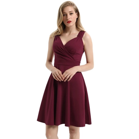 Elegant Vintage V Ausschnitt Ärmellos Midi Cocktailkleid Damen Hepburn Stil A Linie Swing Party Abendkleid