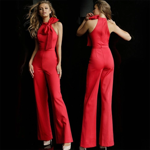 Tuta Intera Elegante da Donna Allacciatura al Collo Con Fiocco Gigante Senza Schienale Gamba Larga Pantaloni Lunghi Tuta per Festa Serale