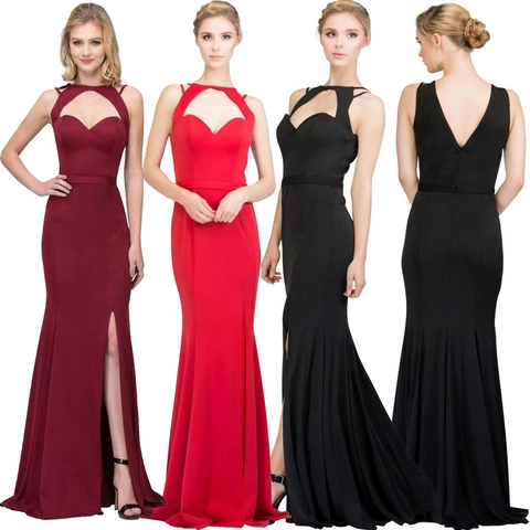 Women Elegant Hollow Out Halter Neck Mermaid Evening Dress Sleeveless Side Slit Formal Maxi Gown For Wedding Party