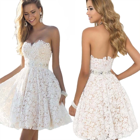Women Elegant White Floral Lace Strapless Midi Dress Puffy Bridesmaid Party Dress Strapless A-Line Evening Gown For Wedding