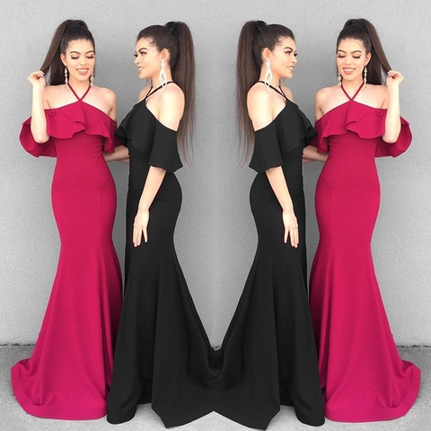 Damen Elegant Halter Off Shoulder Maxikleid Rüschen Fischschwanz Abendparty Gown Sommer Solid Rückenfrei Langes Kleid