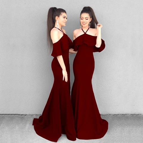 Damen Elegant Halter Off Shoulder Maxikleid Rüschen Fischschwanz Abendparty Gown Sommer Solid Rückenfrei Langes Kleid
