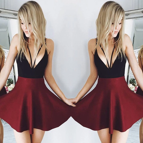 Abito Skater Color Block Sexy Senza Schiena Scollo a V per Donna Elegante Senza Maniche a Vita Alta Festa Sera Banchetto Svasato Abito Midi