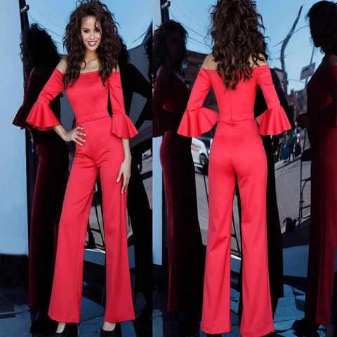 Women Elegant Off Shoulder Ruffle Sleeve Jumpsuit Flare Leg High Waist Polyester Spandex Slim Fit One Piece Party Outfit