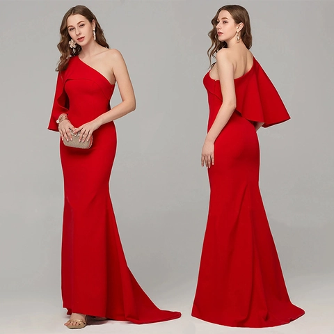 Elegante Vestido de Noche de Un Hombro para Mujer Corte Ajustado Color Sólido Sirena Maxi Vestido para Boda Fiesta Evento Formal
