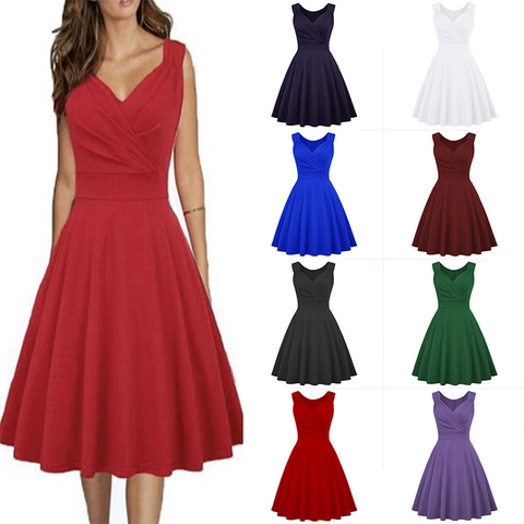 Elegant Vintage V Ausschnitt Ärmellos Midi Cocktailkleid Damen Hepburn Stil A Linie Swing Party Abendkleid
