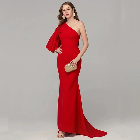 Elegante Vestido de Noche de Un Hombro para Mujer Corte Ajustado Color Sólido Sirena Maxi Vestido para Boda Fiesta Evento Formal