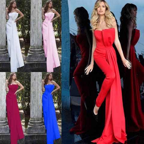 Tuta Elegante Senza Spalline da Donna Abito da Sera Slim Fit Pantaloni Lunghi Romper Con Strascico Laterale Abbigliamento Formale