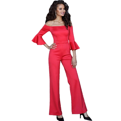 Women Elegant Off Shoulder Ruffle Sleeve Jumpsuit Flare Leg High Waist Polyester Spandex Slim Fit One Piece Party Outfit