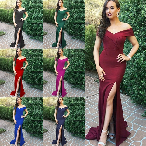 Damen Elegant Schulterfrei V-Ausschnitt Hoher Schlitz Abendkleid Bodenlang Slim Fit Formelle Party Bankett Hochzeit Gast Kleid