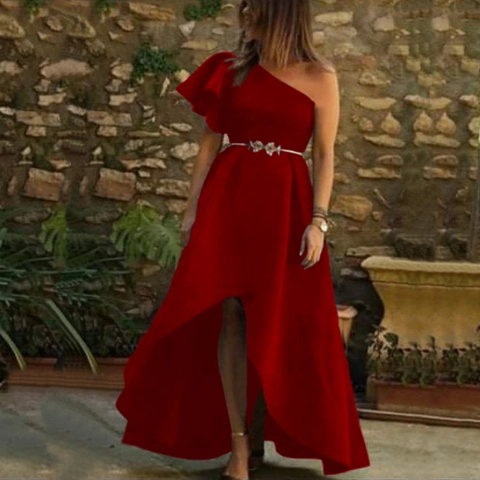 Women's Elegant One Shoulder Ruffle Evening Dress Vintage Solid Color High-Low Hem Party Gown For Wedding Banquet Ladies Maxi Dress