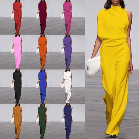 Women High Neck Sleeveless Pleated Wide Leg Jumpsuit Elegant Solid Color Halter Backless Formal Evening Party Romper