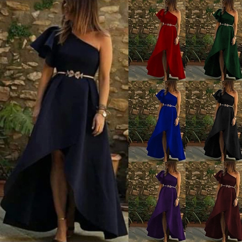 Women's Elegant One Shoulder Ruffle Evening Dress Vintage Solid Color High-Low Hem Party Gown For Wedding Banquet Ladies Maxi Dress