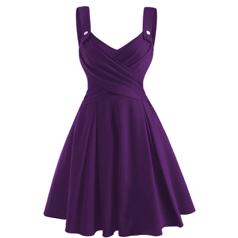 Vintage Audrey Hepburn Style Sleeveless V-Neck Pleated A-Line Midi Dress With Button Decoration Elegant Party Cocktail Dress