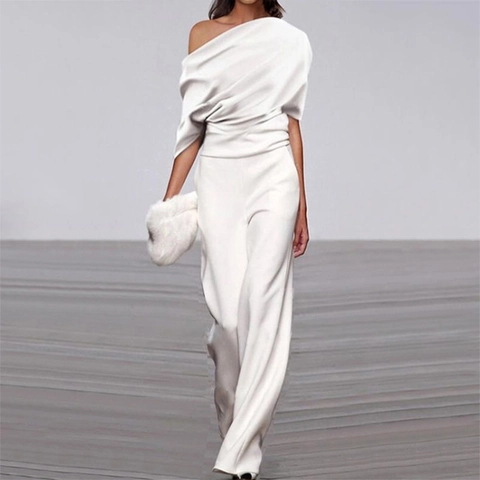 Combinaison Femme en Daim Épaules Dénudées Jambes Larges Plis Col Bateau Couleur Unie Barboteuse Longue Streetwear Été