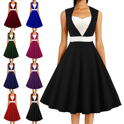 Women Vintage 1950s Hepburn Style Sleeveless A Line Midi Dress Contrast Color Heart Neck Party Banquet Cocktail Dress