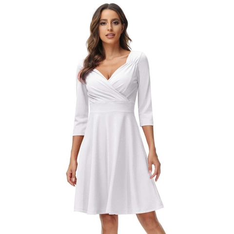 Dames V Hals Driekwart Mouw A Lijn Midi Jurk Elegant Effen Kleur Hoge Taille Geplooid Cocktail Feestjurk