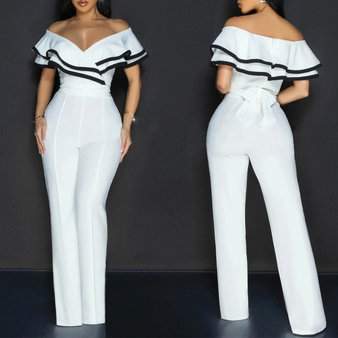 Damen Elegant Schulterfrei Jumpsuit Kontrast Rüschen Weites Bein Lange Hose Schlankmachend Weißer Romper Für Party Sozial Bankett