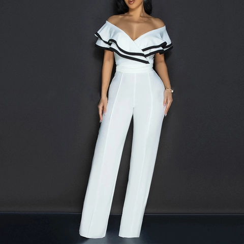 Damen Elegant Schulterfrei Jumpsuit Kontrast Rüschen Weites Bein Lange Hose Schlankmachend Weißer Romper Für Party Sozial Bankett