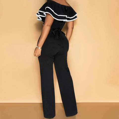 Women Off Shoulder Ruffle Jumpsuit Color Block Striped Edge High Waist Wide Leg Elegant Evening Party Long Romper