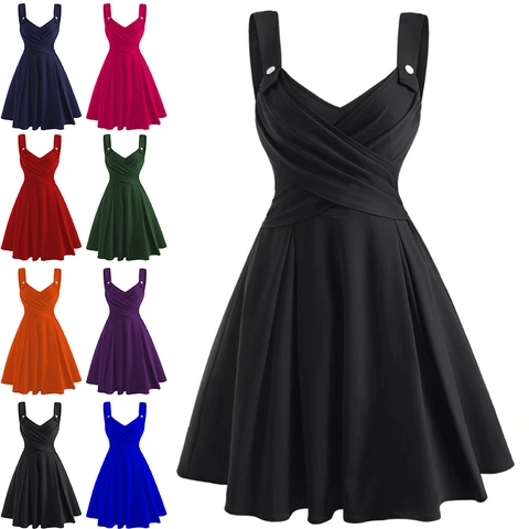 Vintage Audrey Hepburn Style Sleeveless V-Neck Pleated A-Line Midi Dress With Button Decoration Elegant Party Cocktail Dress