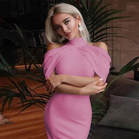 Women Elegant Halter Neck Midi Dress Cut Out Shoulder Bodycon Slim Fit Solid Color Sexy Party Evening Cocktail Wedding Dress