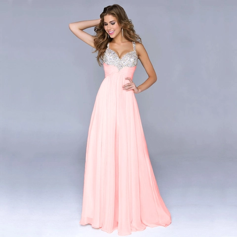 Abito da Sera Maxi in Chiffon Elegante da Donna Con Spalline Sottili in Paillettes a Linea A per Matrimonio Festa Banchetto Rosa