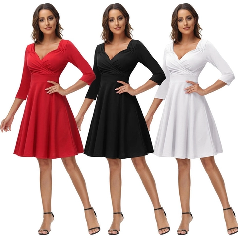 Dames V Hals Driekwart Mouw A Lijn Midi Jurk Elegant Effen Kleur Hoge Taille Geplooid Cocktail Feestjurk