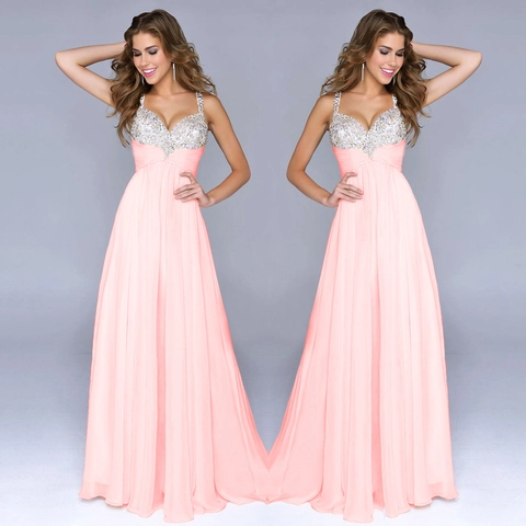 Abito da Sera Maxi in Chiffon Elegante da Donna Con Spalline Sottili in Paillettes a Linea A per Matrimonio Festa Banchetto Rosa