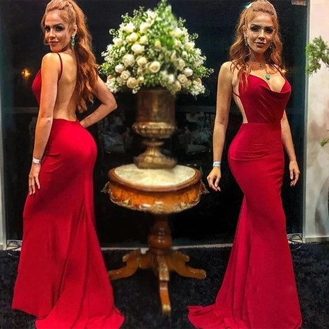 Damen Sexy Rückenfreies Cowl Neck Spaghetti Strap Maxi Kleid Elegant Rot Fischschwanz Abendkleid Für Hochzeit Party Bankett