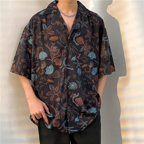 Men's Hawaiian Style Casual Shirt Short Sleeve Polyester Floral Sea Starfish Shell Print Cuban Collar Vacation Top