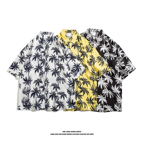 Hawaiian Short Sleeve Shirt Men Women Summer Vacation Beach Casual Loose Coconut Palm Tree Print Button Down Shirt Top