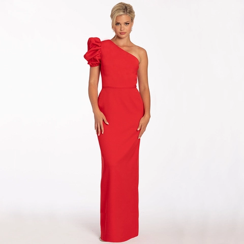 Damen Sexy One-Shoulder Puffärmel Bodycon Maxikleid Elegant Rückenschlitz Formelles Abendkleid Party Hochzeit Langes Kleid