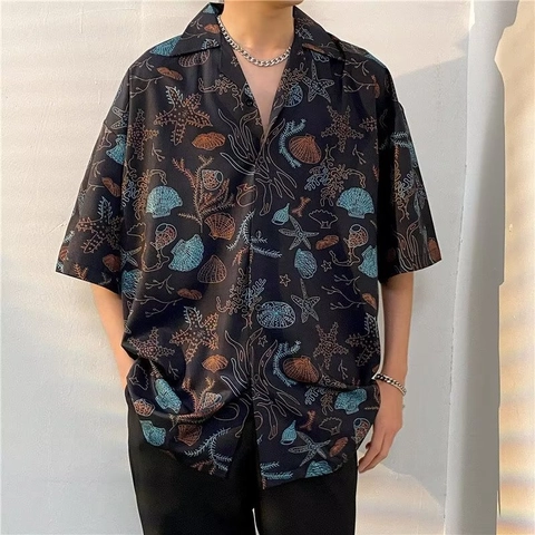 Men's Hawaiian Style Casual Shirt Short Sleeve Polyester Floral Sea Starfish Shell Print Cuban Collar Vacation Top